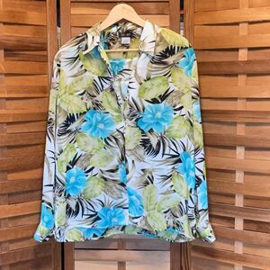 Stunt Women’s Blue Green tan White Black Floral Blouse Hawaiian Shirt XL